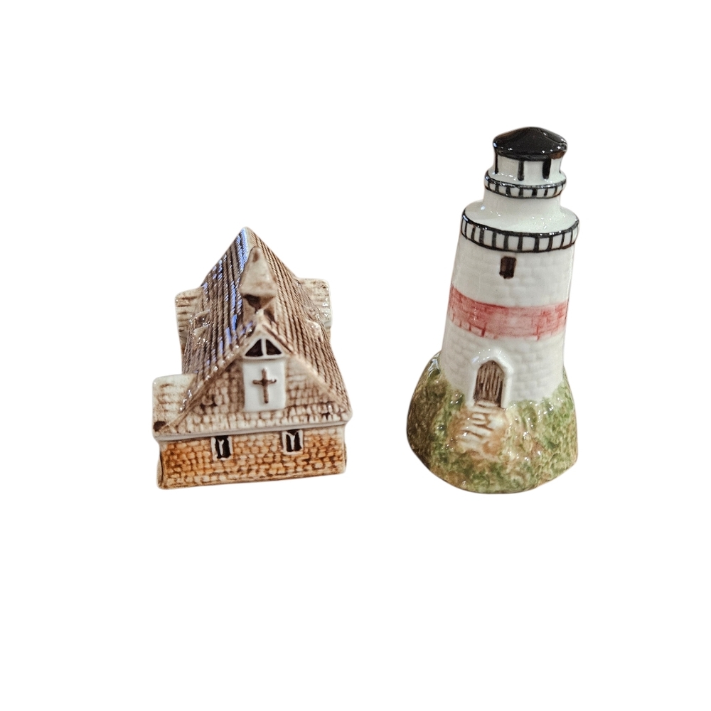 Vintage Keller Charles Miniature Lighthouse And Church Ceramic Made In England